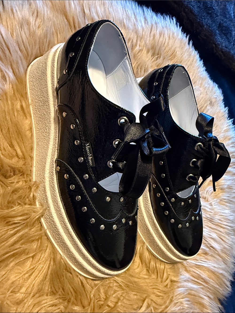 Marco moreo Black Patent Platform Brogue Oxfords with White Sole